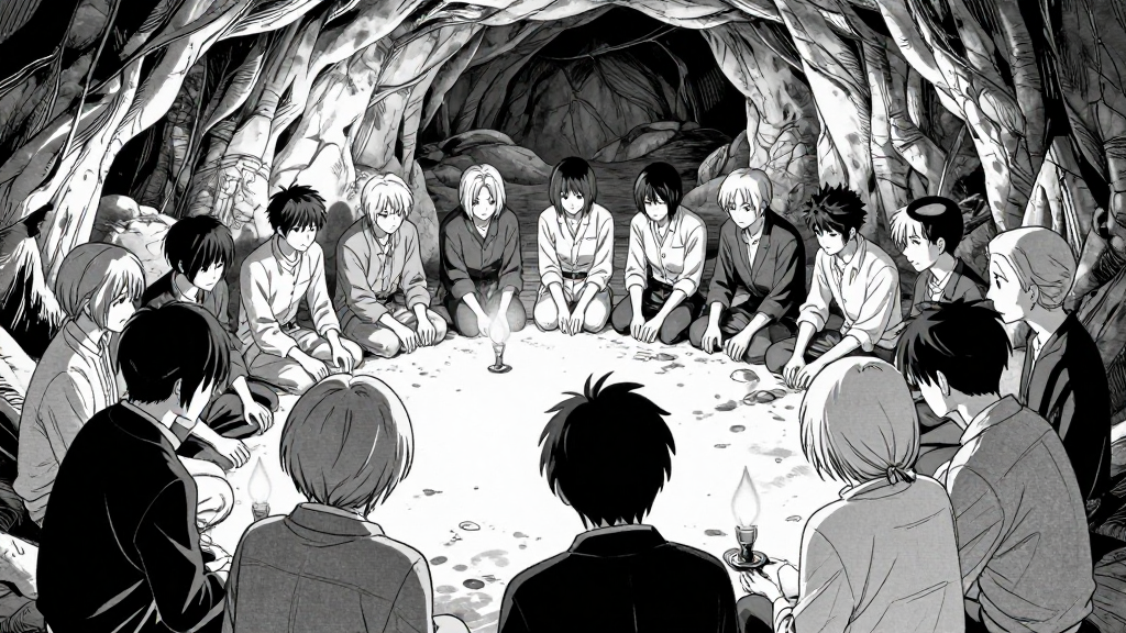The council gathers in the cave, heads bowed in agreement, the tension easing.