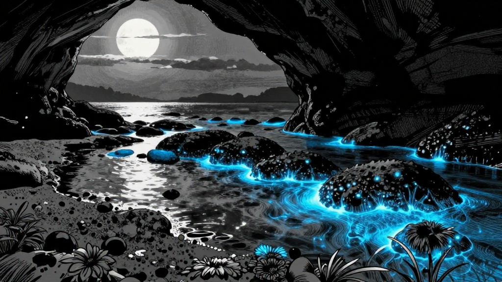 Bioluminescent algae glows in the tide pools as moonlight filters through the cave.