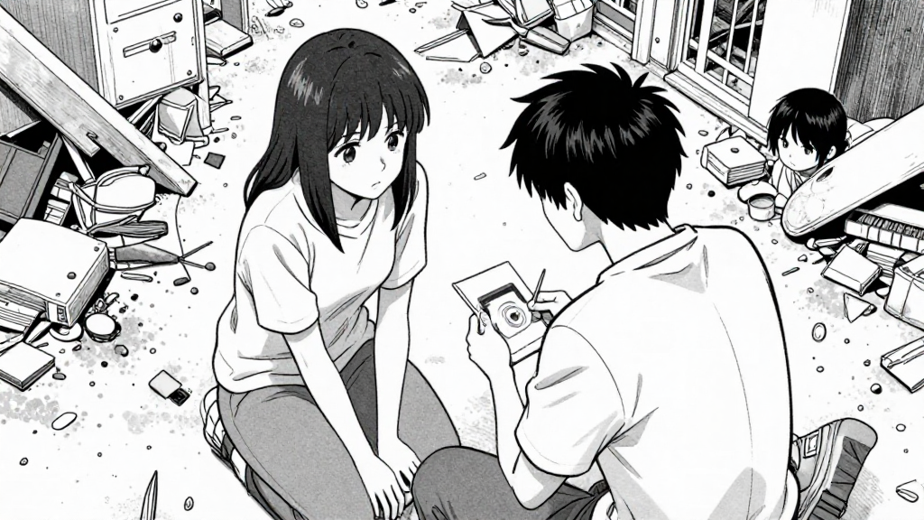 Overhead shot of Eleanor and Thomas working together, surrounded by wreckage and survivors.