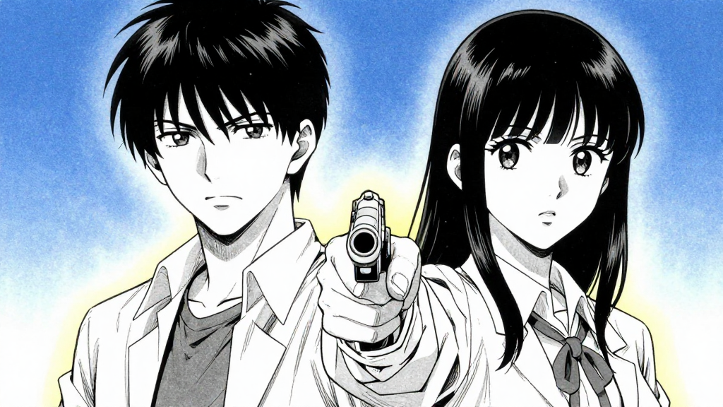Jin and Maya stand close, Jin pointing with a finger-gun.