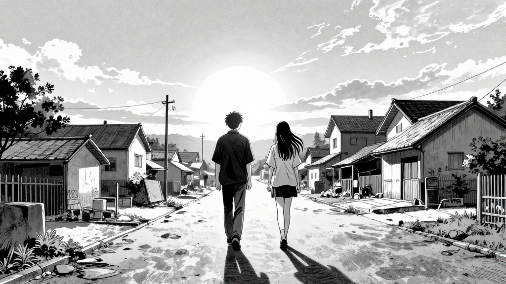 Kaelen and Lyra walk away from the village, the sun setting behind them.