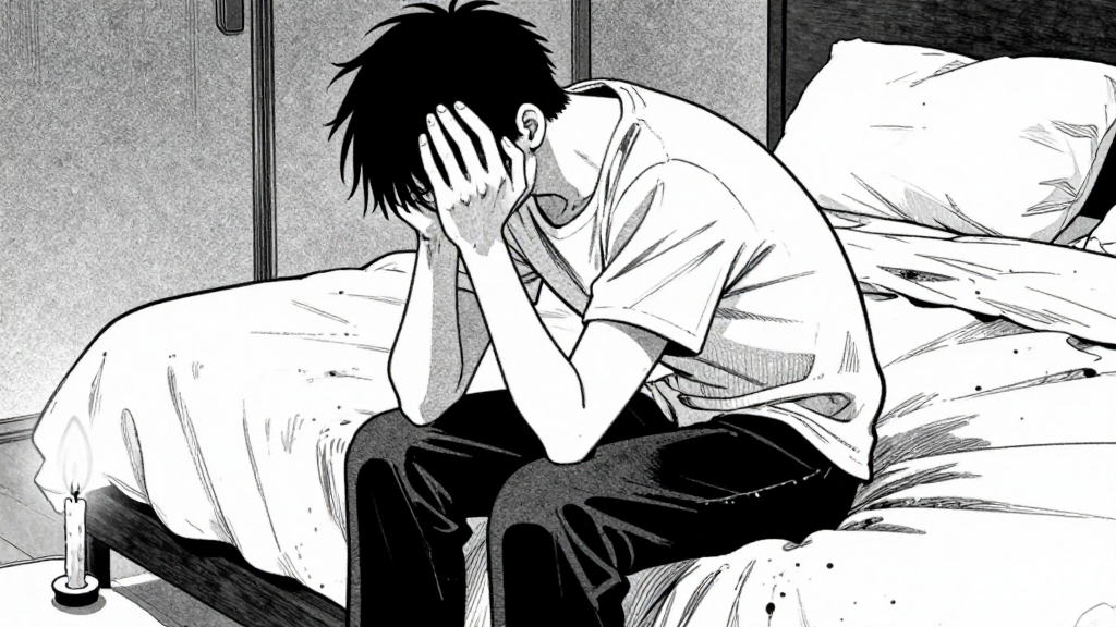 Kaelen sits on the edge of his bed, head in hands, looking defeated.