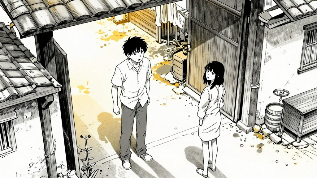 Kaelen stops at the village gate, surprised to see Lyra waiting.