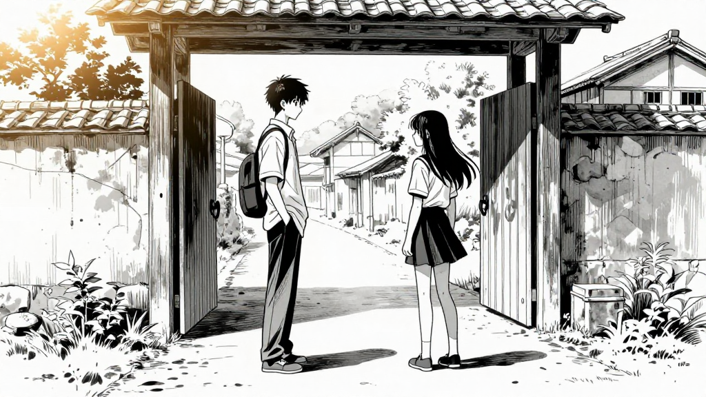 Kaelen and Lyra face each other at the village gate.