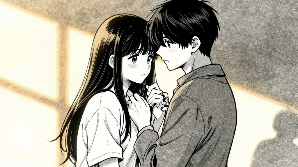 Kaelen and Lyra stand close, sharing an emotional moment.