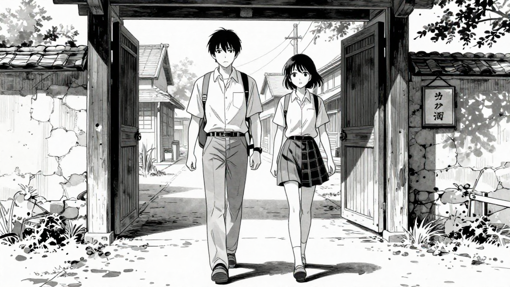 Kaelen and Lyra walk through the village gate together.