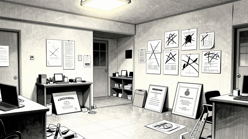 Maya’s studio apartment, chaotic but transformed, with crossed-out attempts and a leaning diploma.