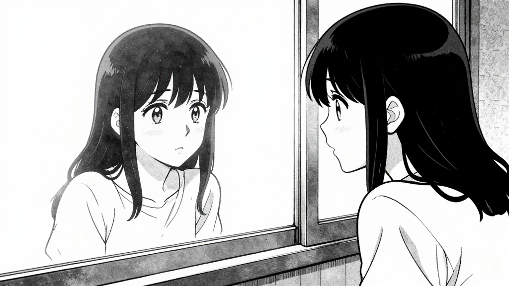 Maya looks at her reflection in the window, now with a sense of purpose.