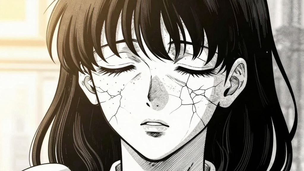 Pompadour’s face fractures from composure to a moment of peace.