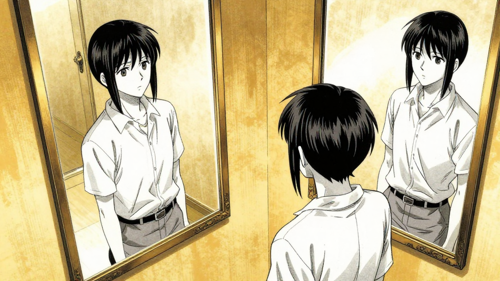 D'Éon’s reflection unifies across all mirrors in the hall.