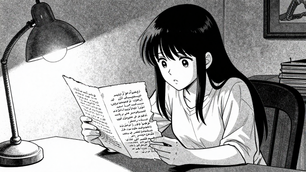Sara examines torn Persian poetry pages, realization dawning on her face.