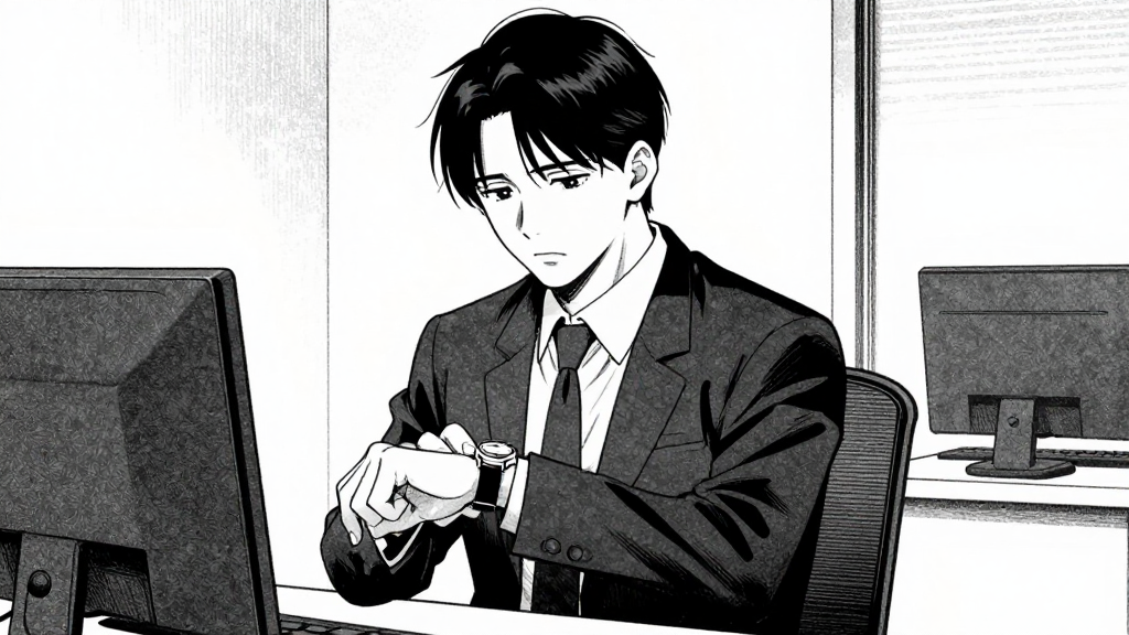 Marcus enters the office, adjusting his watch, looking uncomfortable.