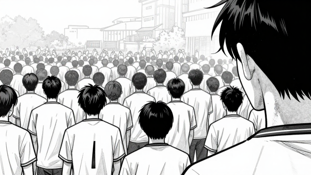 Kim bows, the crowd behind him in motion.