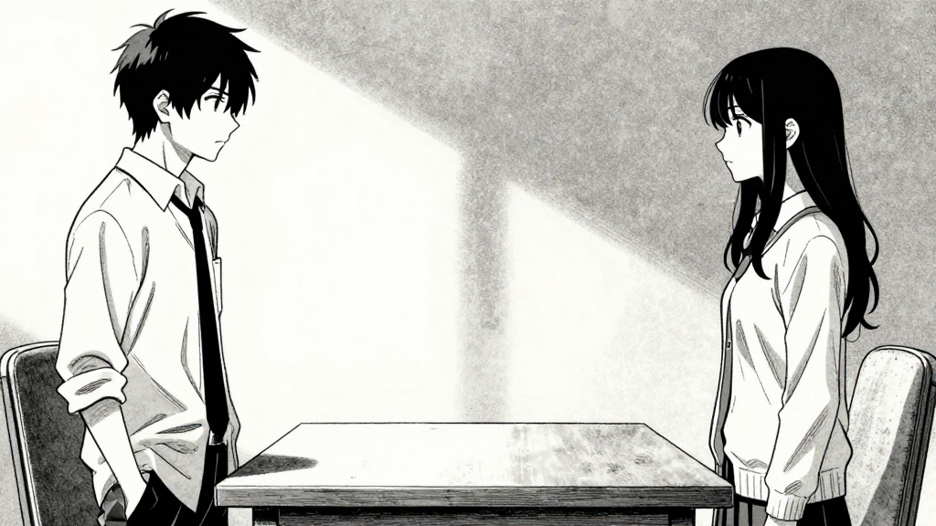 Kaito and Yuki stand across the table, tense and unmoving.