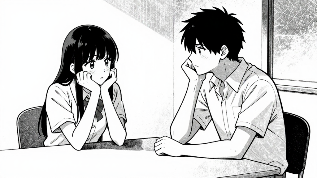 Yuki and Kaito sit at the table, the tension between them palpable.