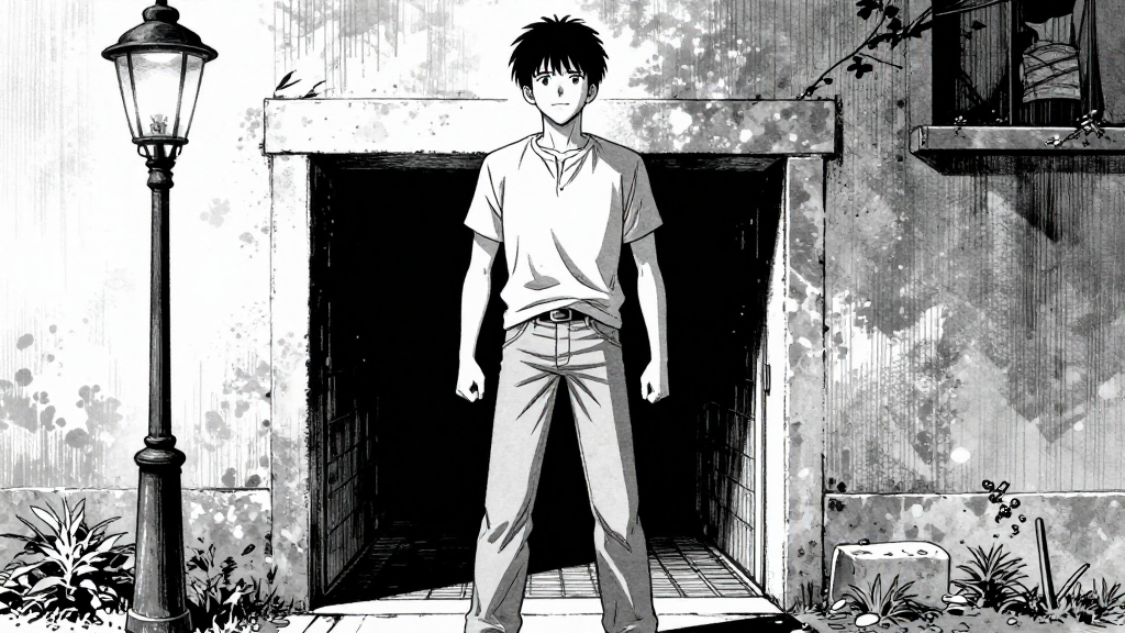 Silas stands tall at the sewer entrance, his posture showing determination and resolve.