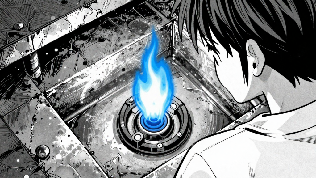 Overhead view of the sewers and the blue flame of the spirit lantern flickering.
