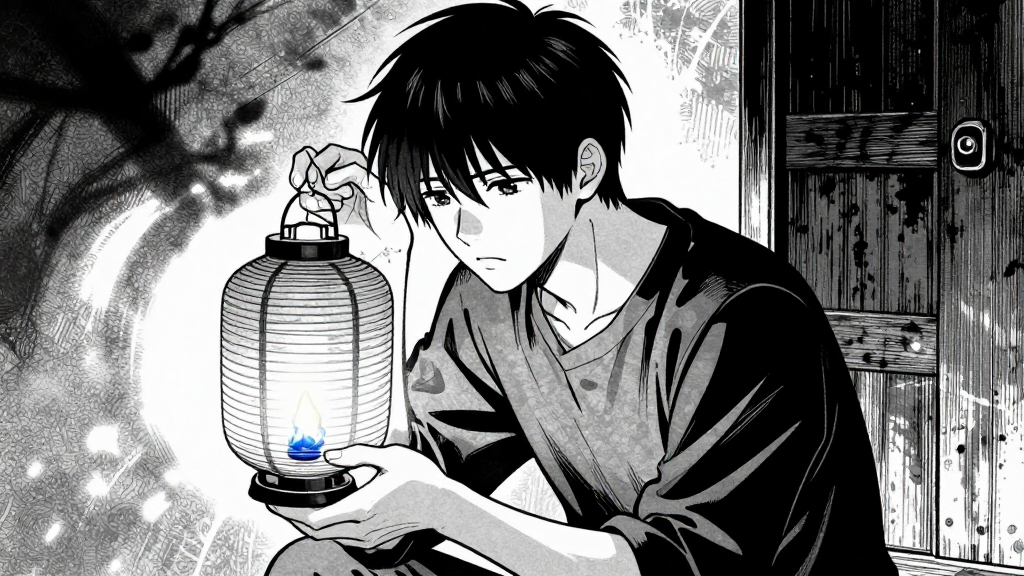 Silas listens intently, the spirit lantern casting flickering shadows around him.