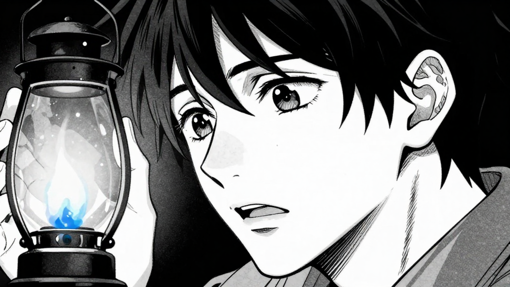 Close-up of Silas’s face as he listens to the spirit lantern, his expression a mix of hope and fear.