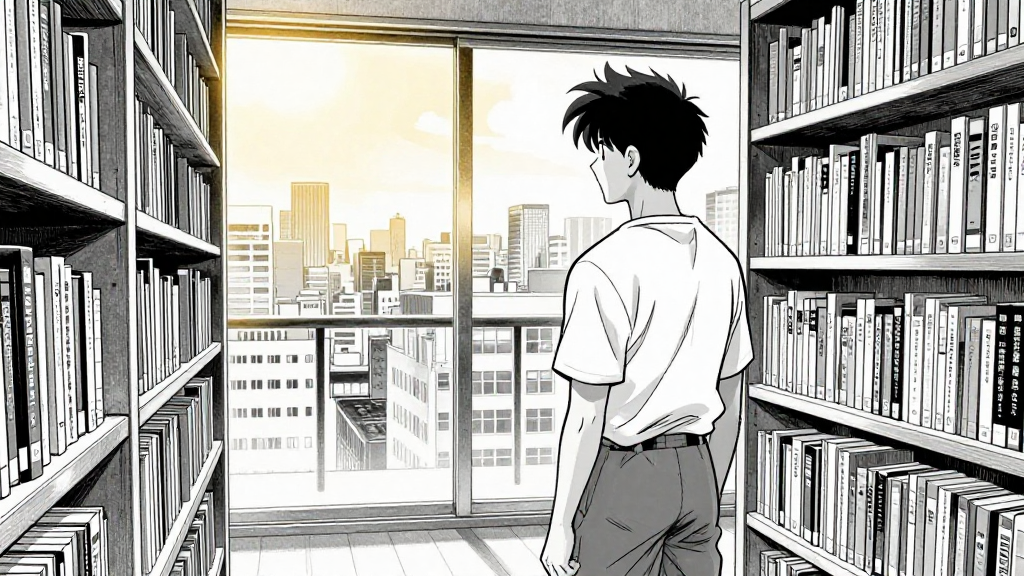 Kenshin stands in the archives, looking out over the city, the future before him.