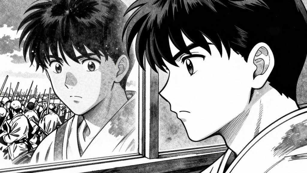 Kenshin’s face reflected in the window, memory flash of his father at a battlefield.