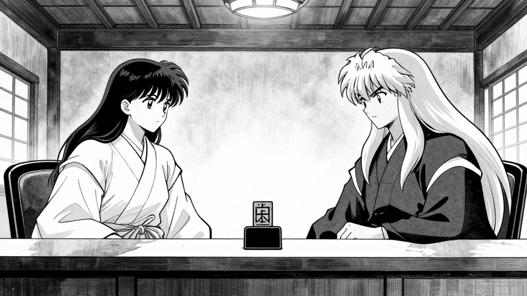 The imperial seal on the desk, Sato and Kenshin facing each other.