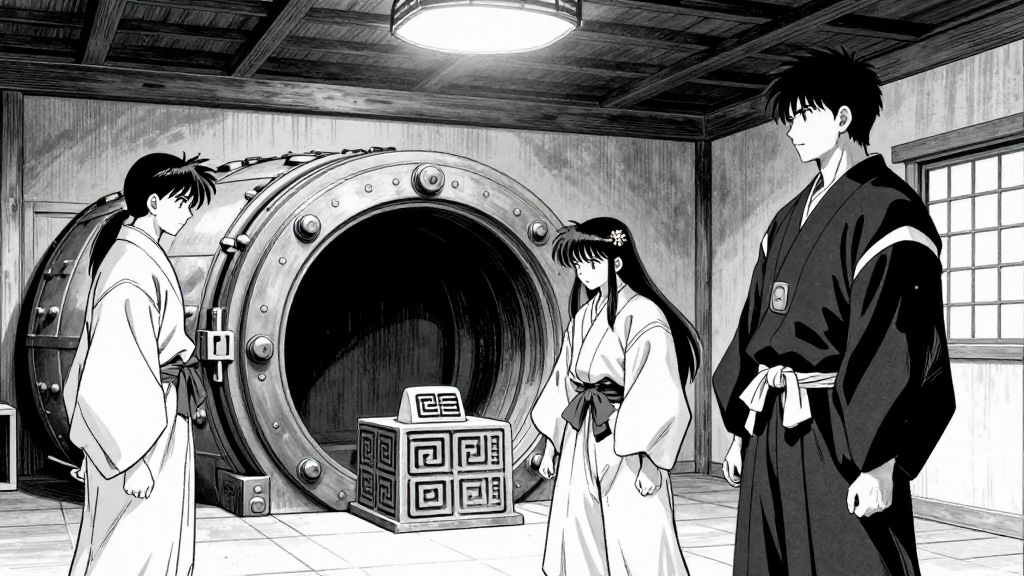 The imperial seal is placed into the vault, Sato and Kenshin watching.