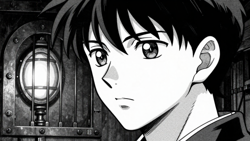 Kenshin’s face, eyes reflecting the vault’s light, deep in thought.