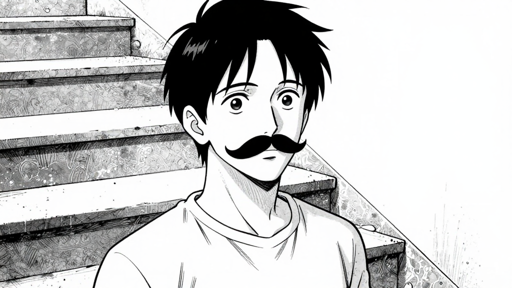 Moustache steps into the canvas, the painting distorting slightly.