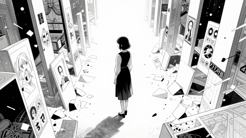 Marie stands in the painted world, surrounded by fragmented art and light.