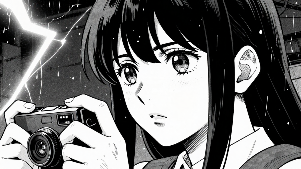 Maya’s hands adjust her instruments, hail falling around her with a look of determination on her face.