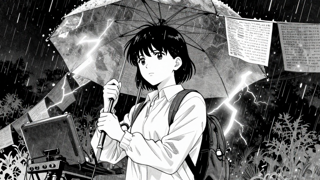 Maya sets up her instruments under the shelter of the prayer flags, hail falling around her.