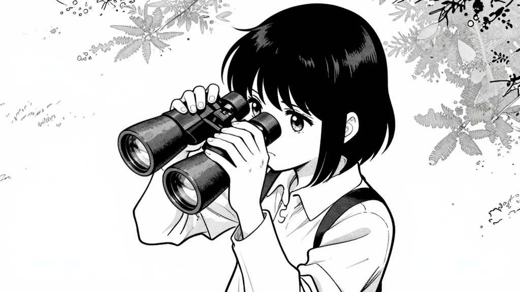 Lila stands in the Research Camp, observing Maya through binoculars.