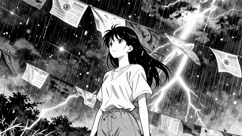 Maya stands under the prayer flags, hail falling around her as the storm intensifies.