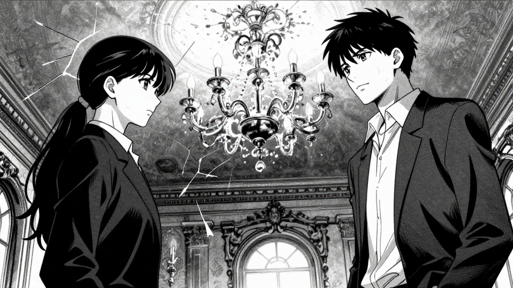 Elena stands between Marcus and the chandelier as fractures spread in the background.