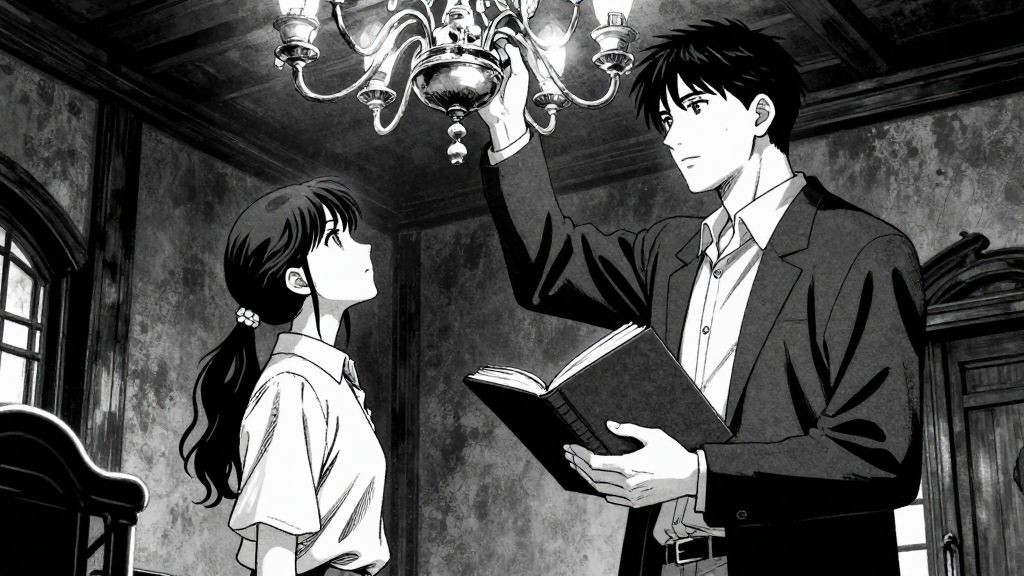 Father Tomáš steps into the chamber, holding journals, as Elena looks up from the chandelier.