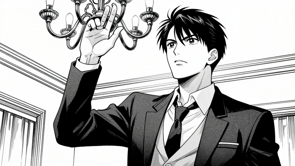 Marcus raises his hand toward the chandelier, his expression one of certainty.