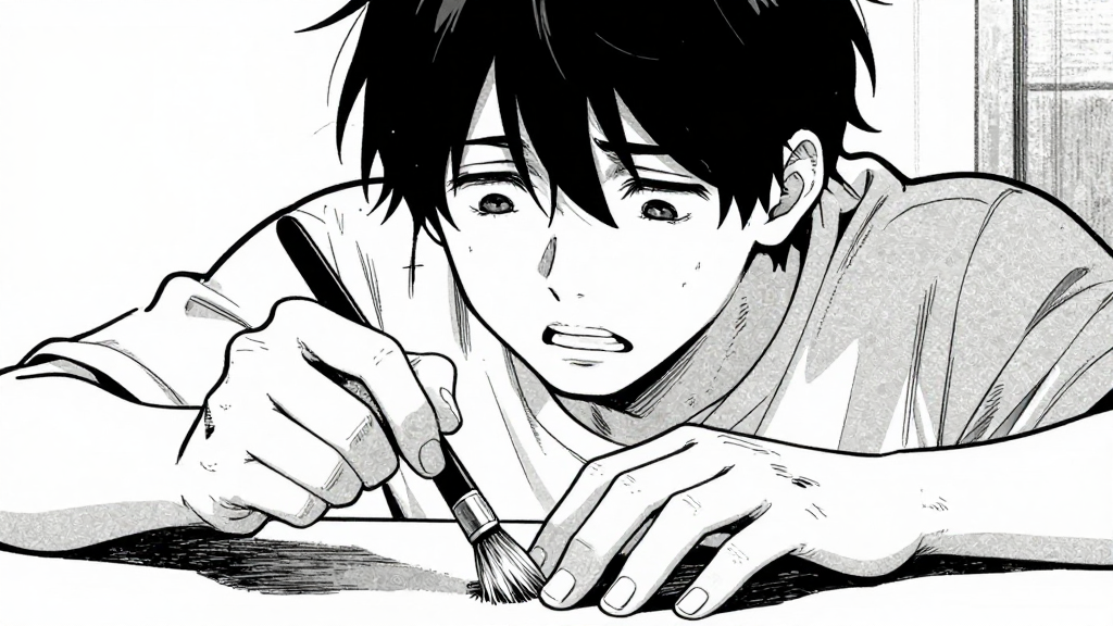 Kim’s hands tremble slightly as he stares at a brush on the table.