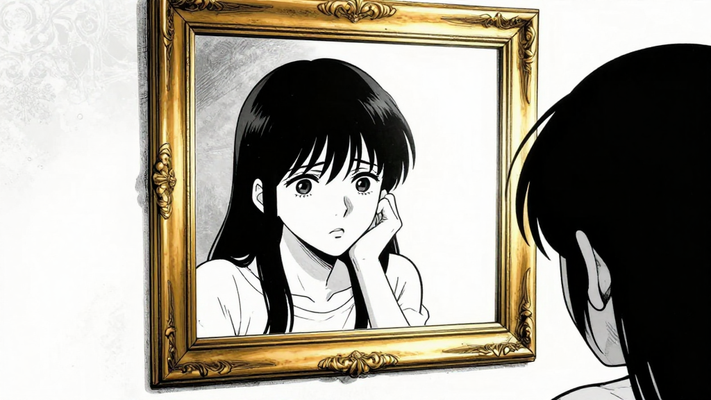 A gold-framed mirror reflects Kim’s terrified face, the room silent.