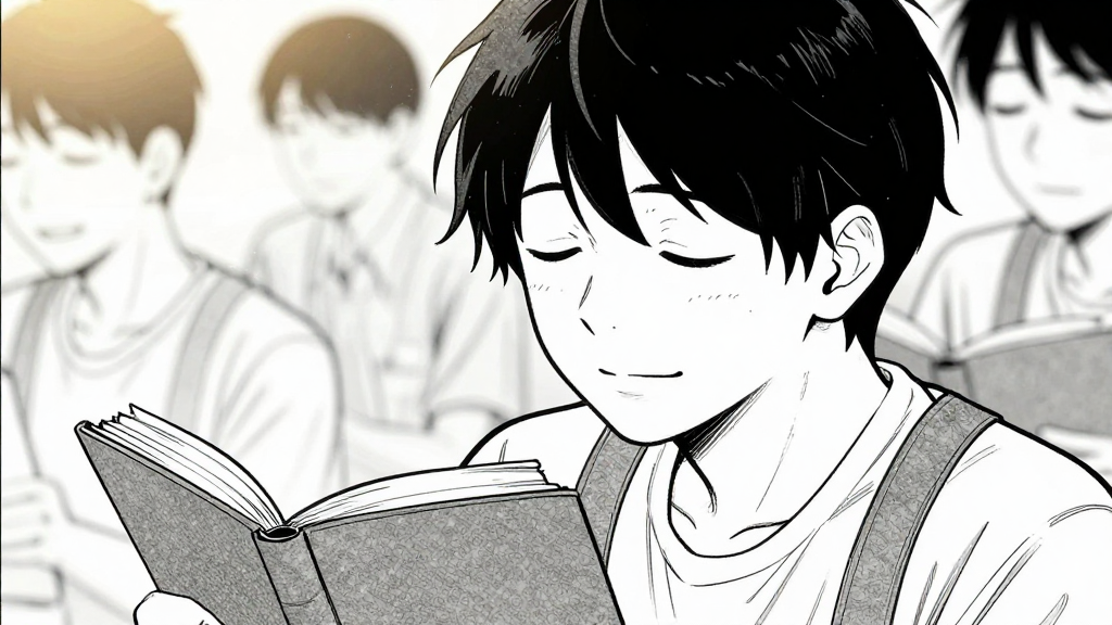 A person in the group writes in a journal, eyes closed in quiet joy.