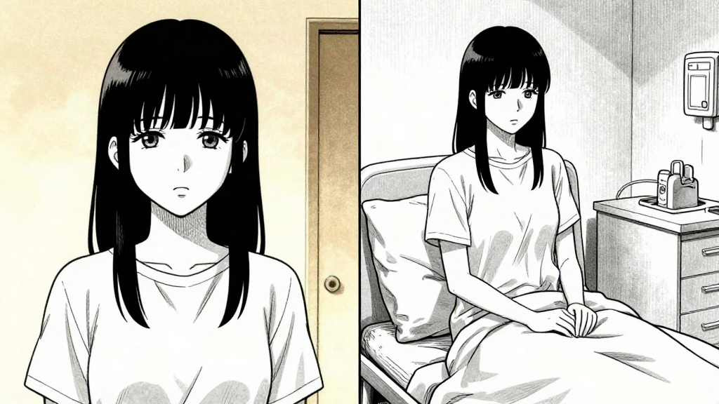 Split screen: Aria in the present and a memory of her mother in a sterile room.