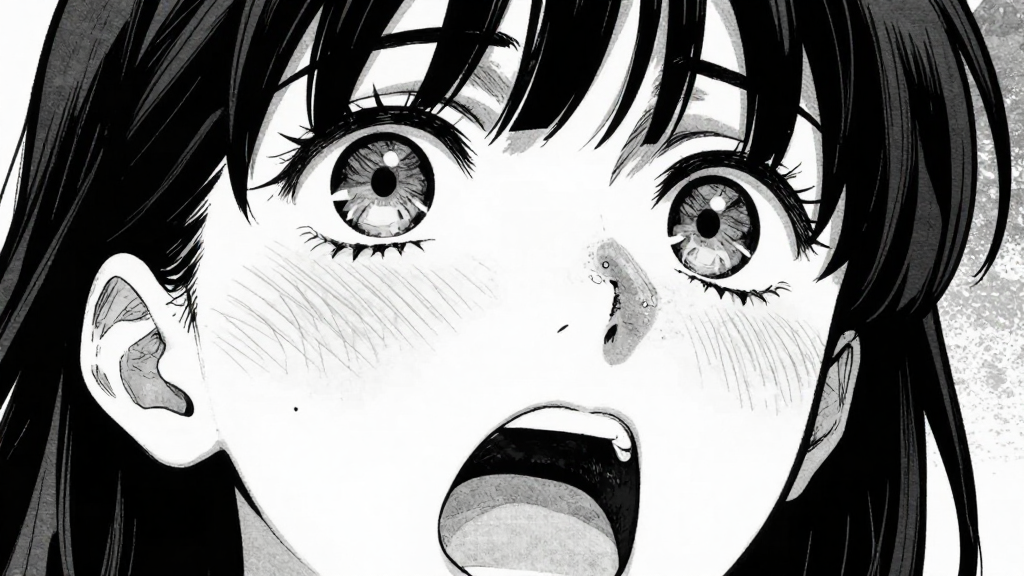 Elena’s eyes wide, mouth open in silent scream.