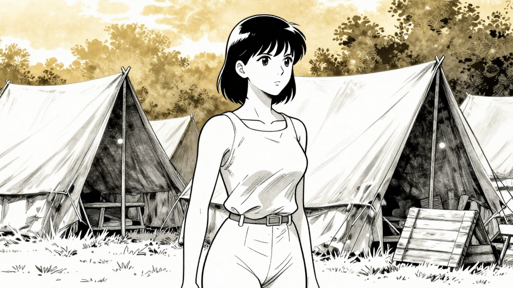 The claim marker stands firm; Martha stands with a defensive posture, eyes scanning the camp.