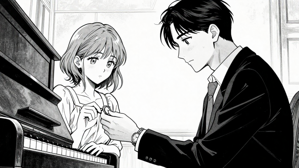 Rose holds her father’s watch, looking at it with quiet resolve. The piano plays softly.