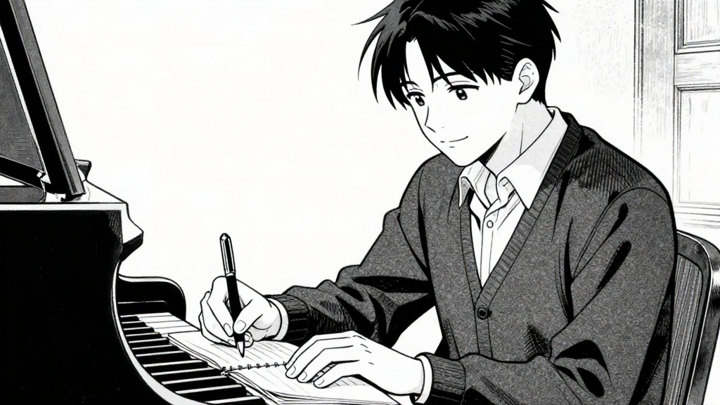 Maggie writes in her journal, looking at the piano with a quiet smile. Duke plays on.