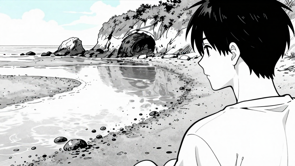 The tide is low. The Threshold Caves are visible in the distance.