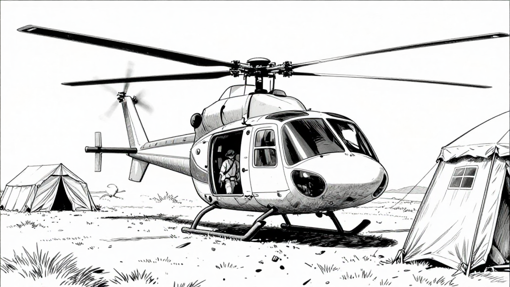 The helicopter lands, Vikram steps forward toward the tent.