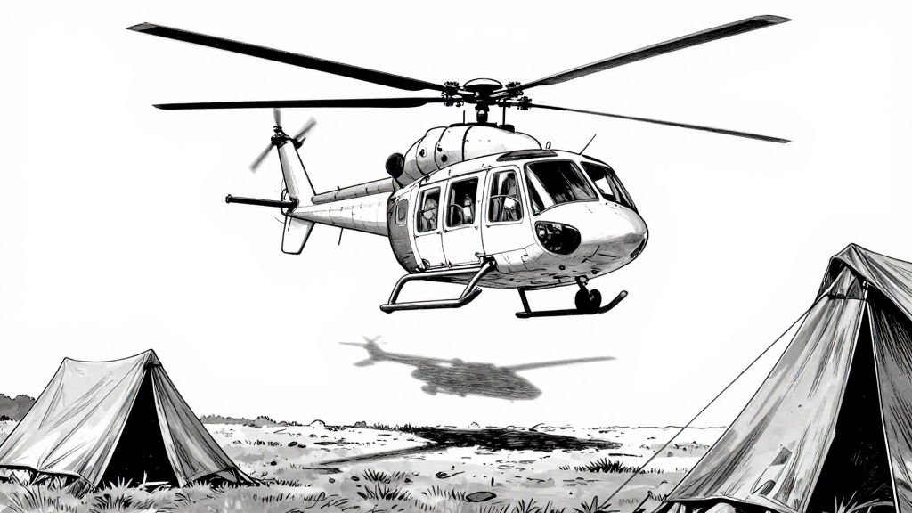 The helicopter approaches, casting a shadow over the tent.