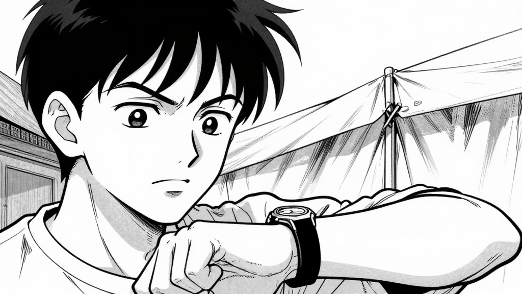 Vikram checks his watch, eyes fixed on the tent.