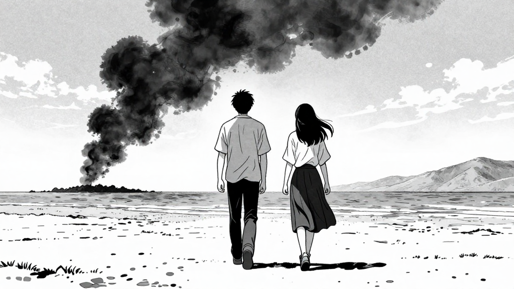 Kenji and Yuki walk toward the shore, black smoke plume on the horizon.